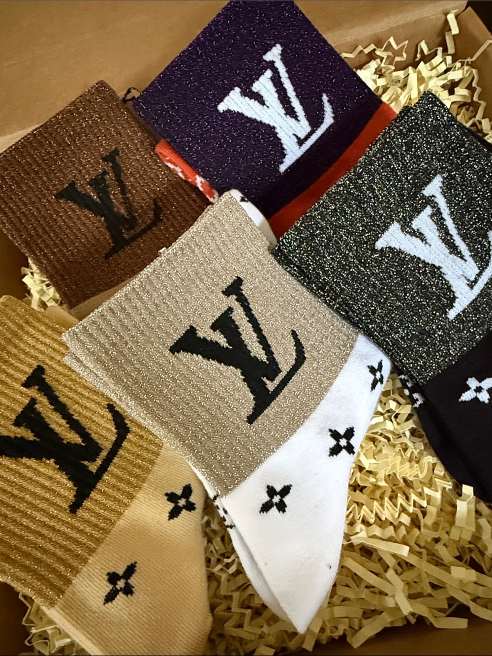 Luxury Logo Crew Socks - Beige, Yellow, Black, Orange, White, Purple, Gold